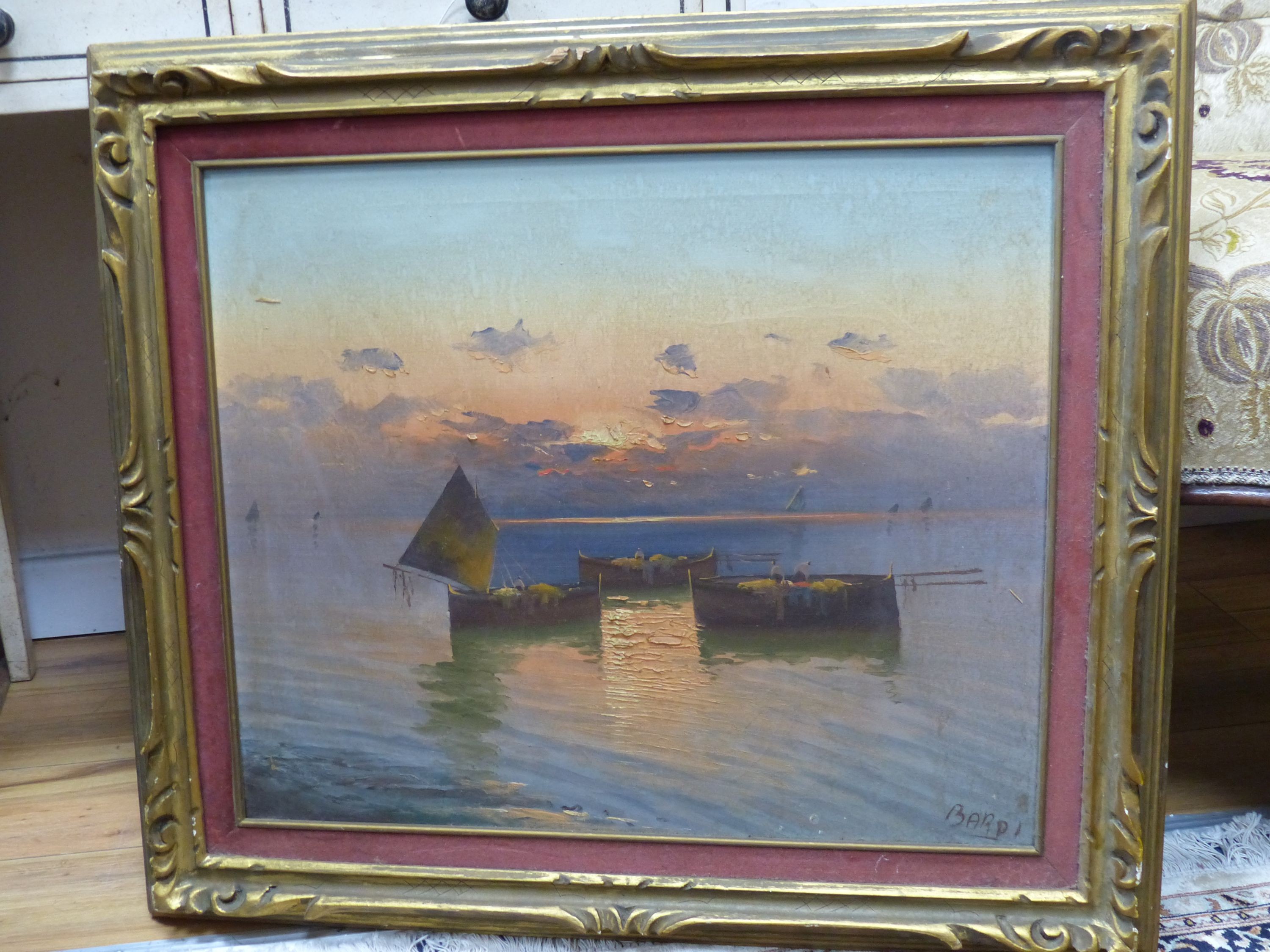 Bardi (Italian School), oil on canvas, Neopolitan fishing boats at sunset, signed, 49 x 59cm